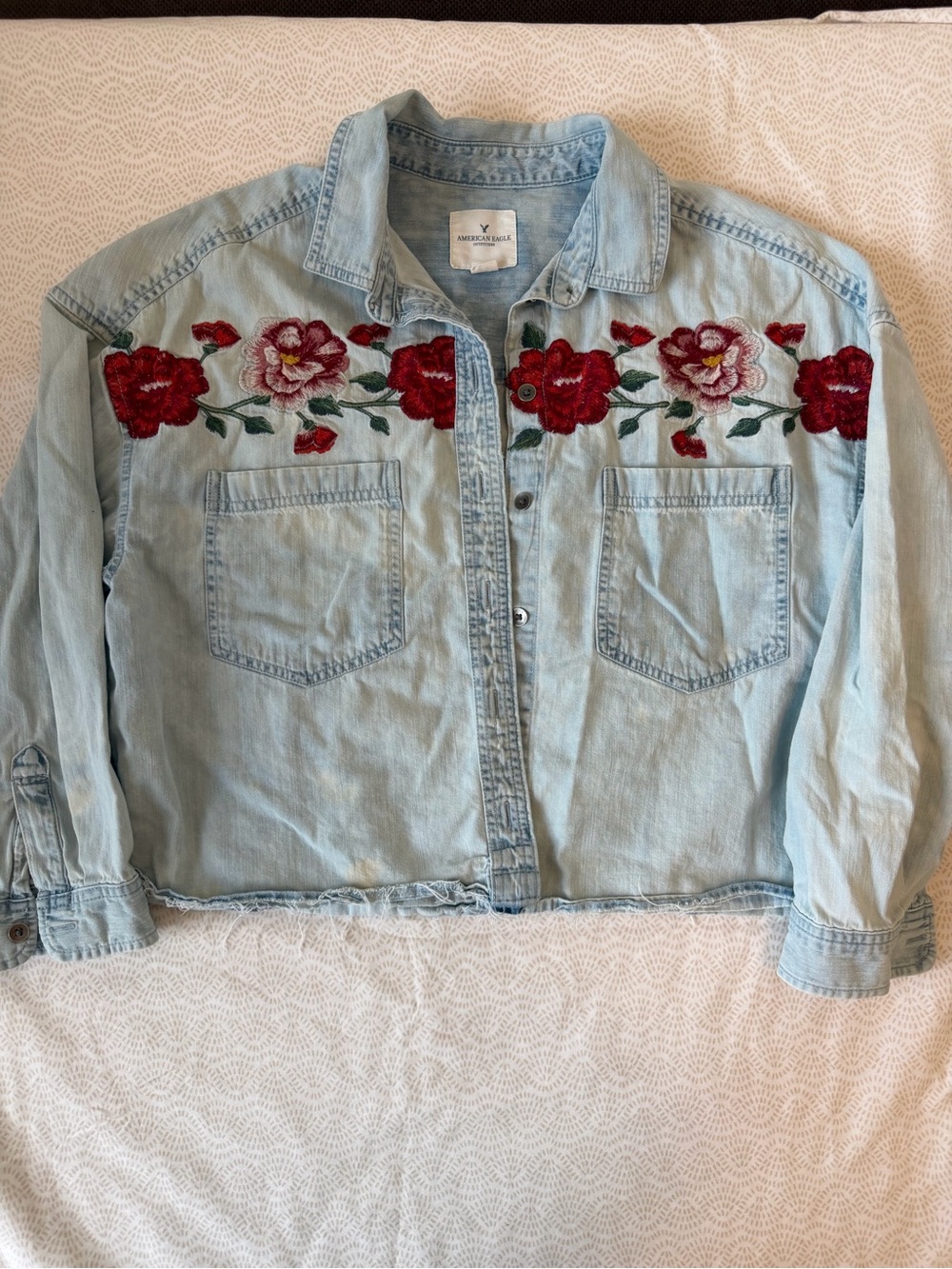 American Eagle Outfitters Light Blue Denim Jacket with Red Floral Embroidery